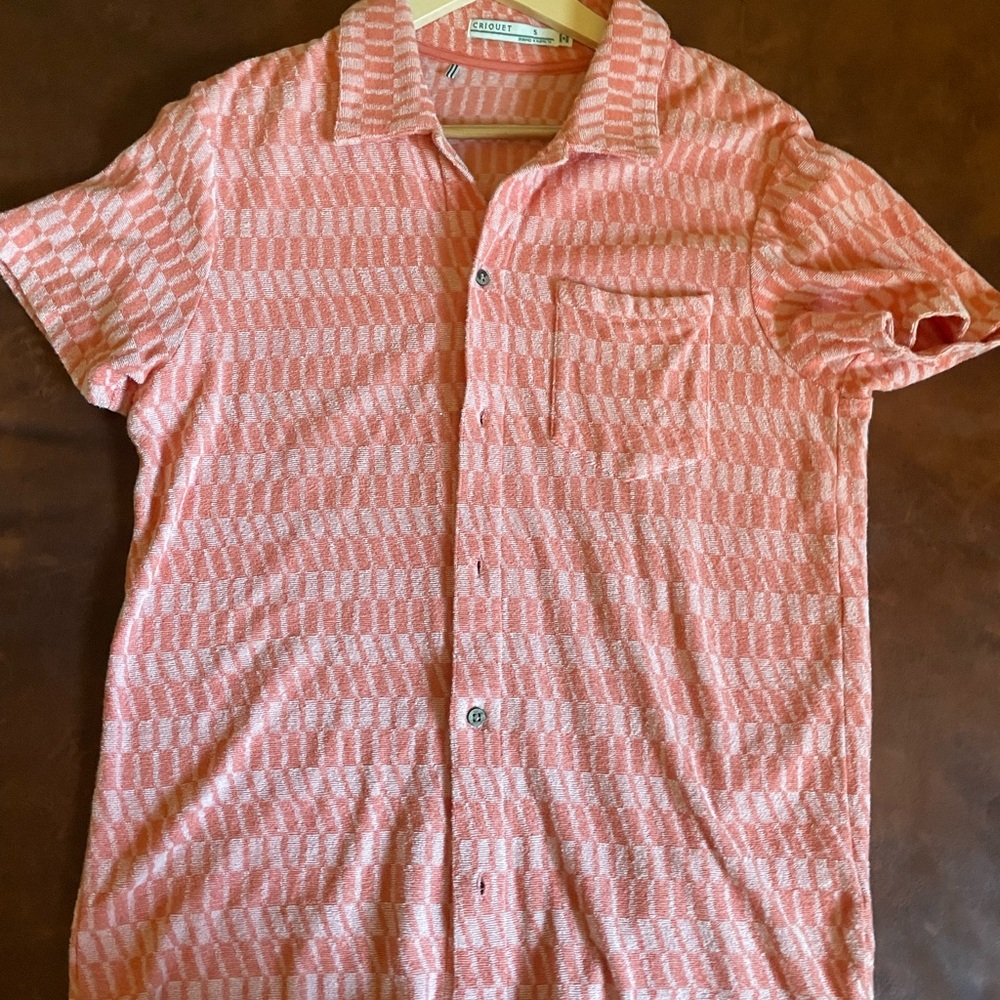 Criquet Coral and White Patterned Button Down Terrycloth Shirt